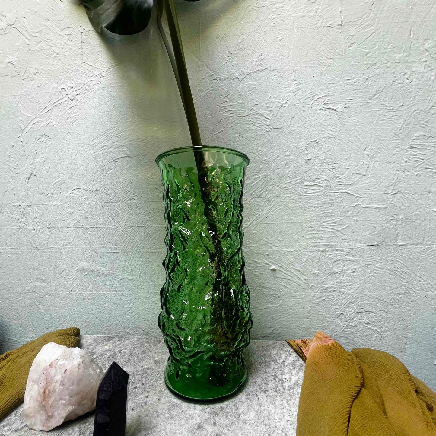 Prosperity's Embrace: Mid-Century Modern E.O. Brody Green Glass Vase & Monstera Deliciosa Charm