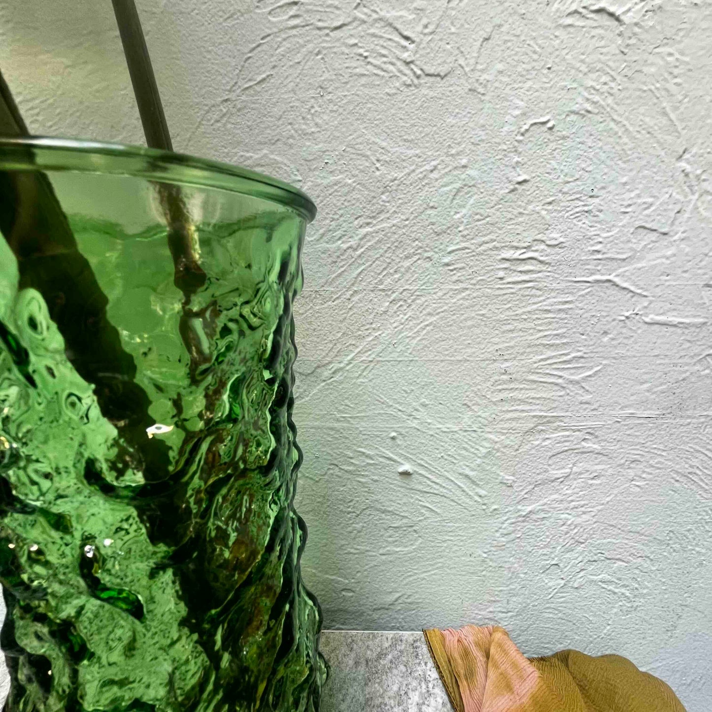 Prosperity's Embrace: Mid-Century Modern E.O. Brody Green Glass Vase & Monstera Deliciosa Charm