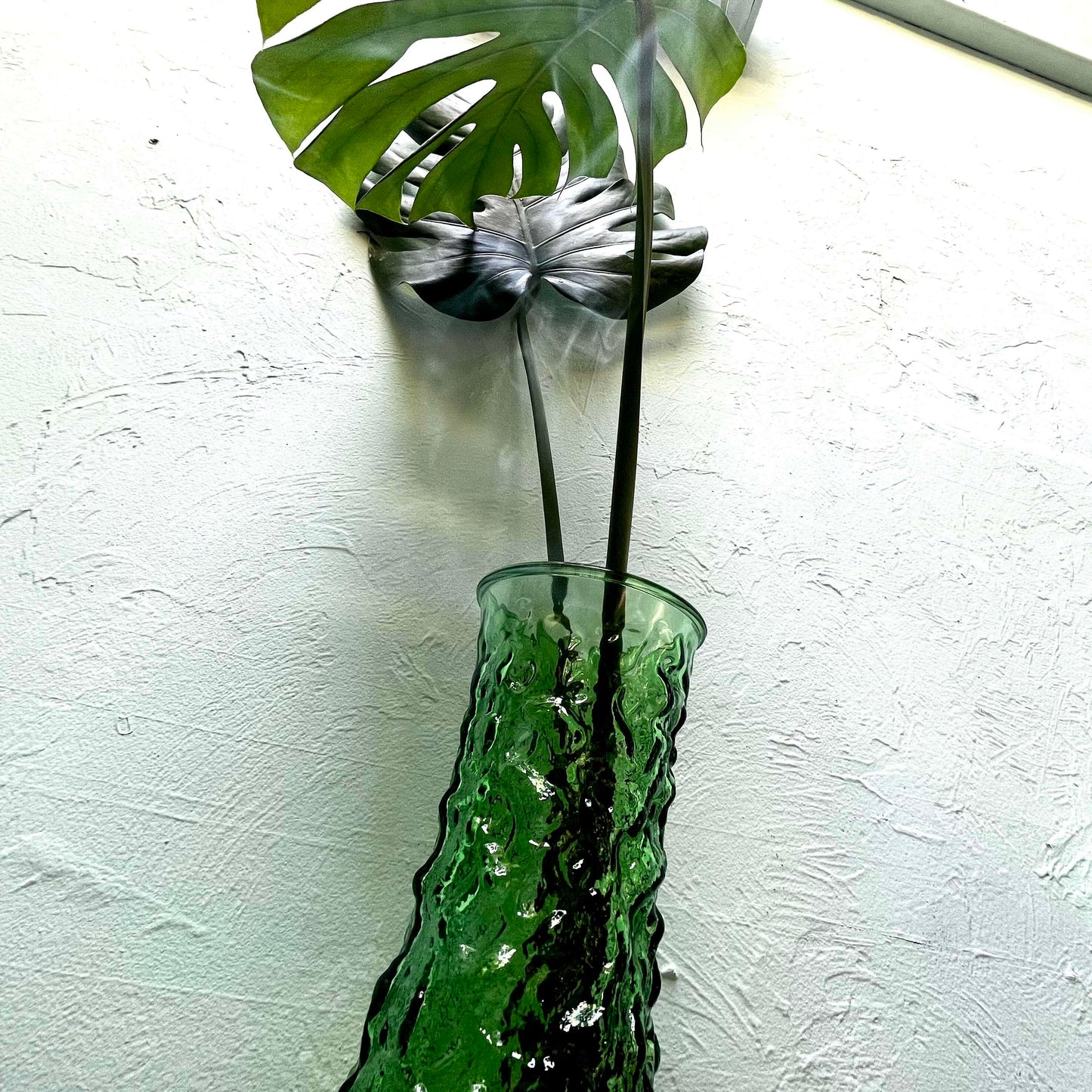 Prosperity's Embrace: Mid-Century Modern E.O. Brody Green Glass Vase & Monstera Deliciosa Charm